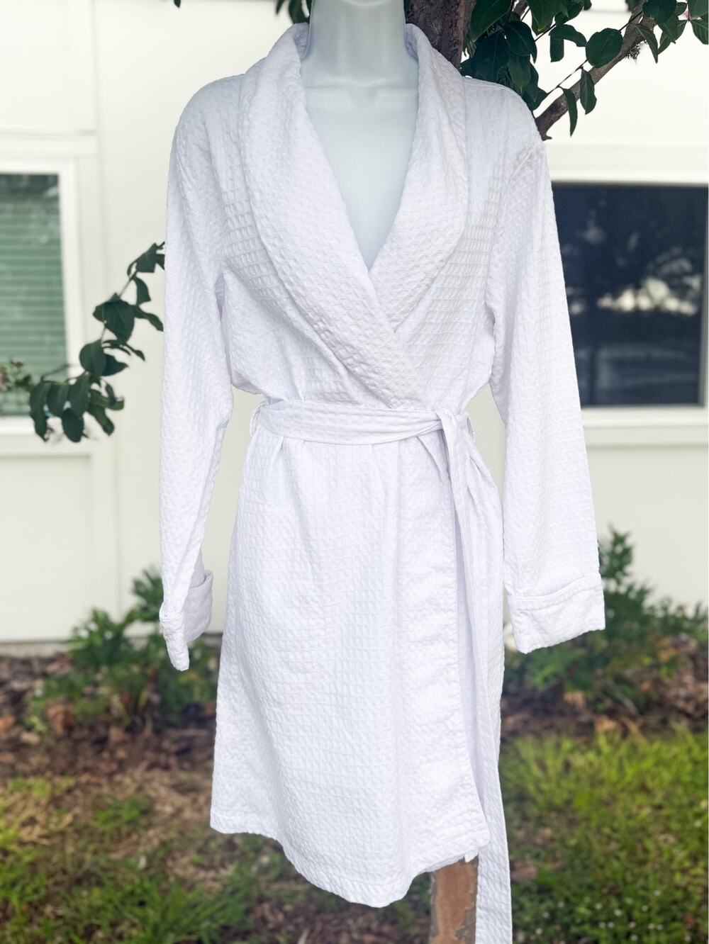Lands’ End Bridesmaid Robe Large White Waffle Knit Wedding Bridal Spa Robe